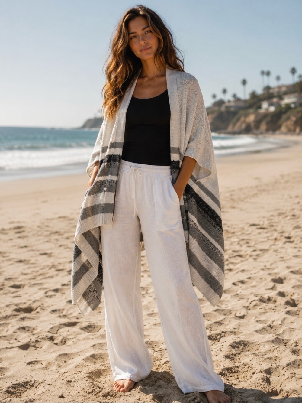 White House Black Market Cream and Black Striped Knit Shrug